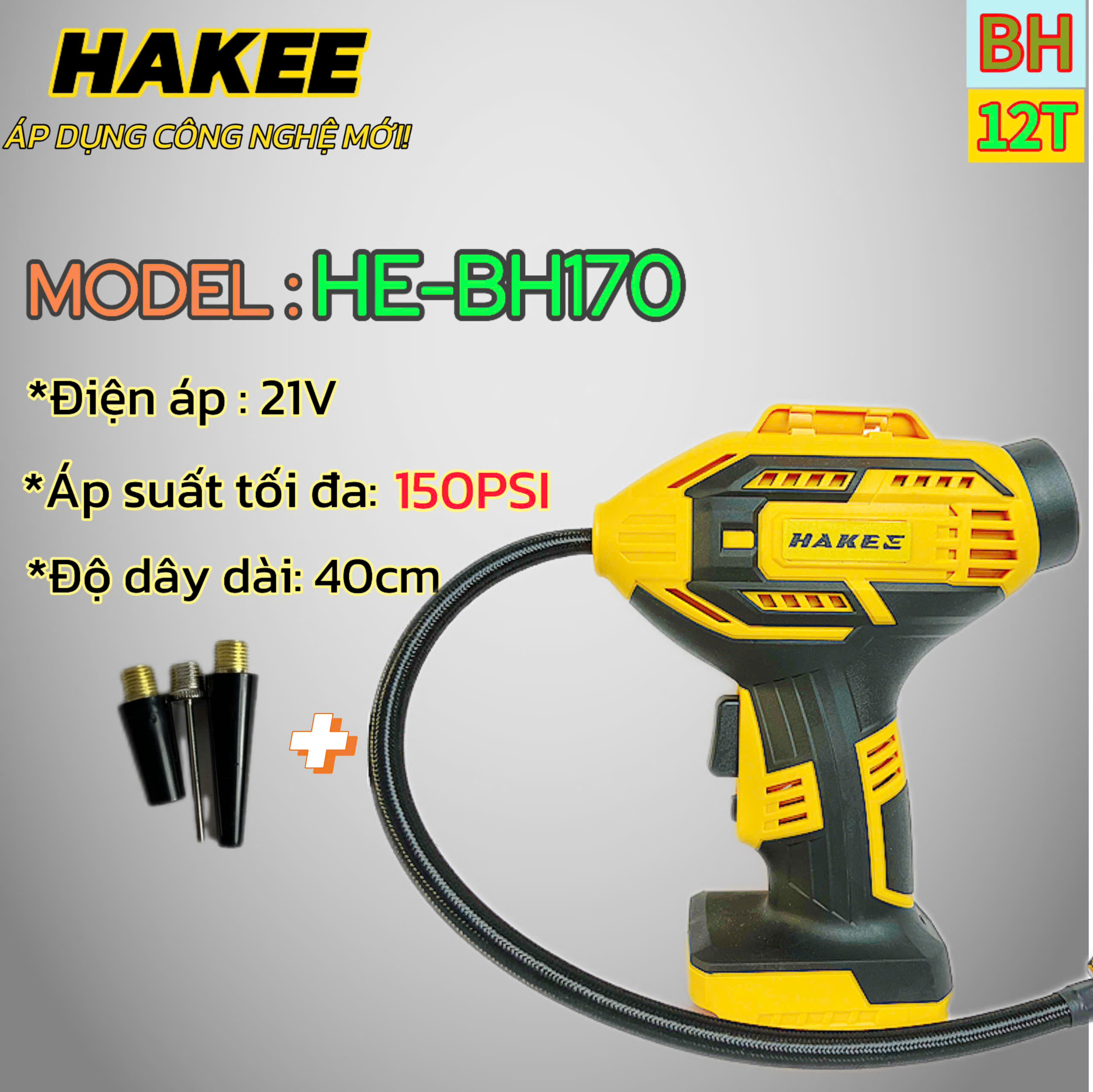 Máy bơm hơi pin HAKEE HE-BH170 Nhỏ gọn mạnh mẽ chuyên bơm lốp xe đạp, xe máy, ô tô, bóng đá...