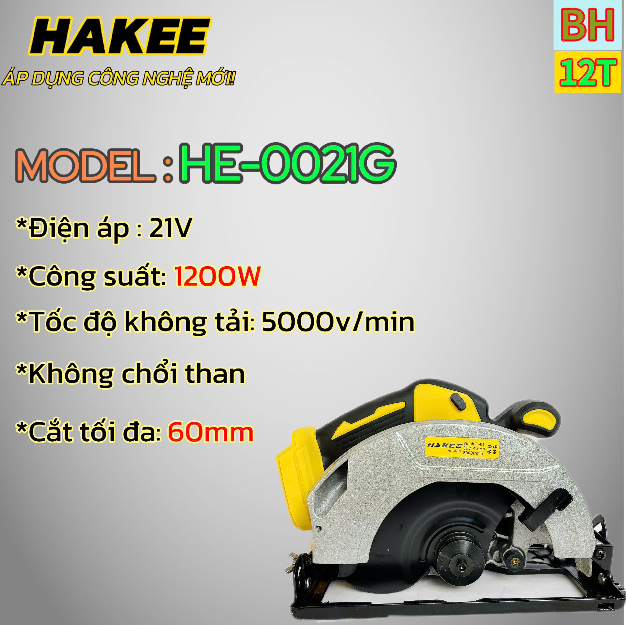 Máy cắt gỗ, bê tông HAKEE HE-0021G,Công suất 1200W, Không chổi than, Cắt tối đa 60mm