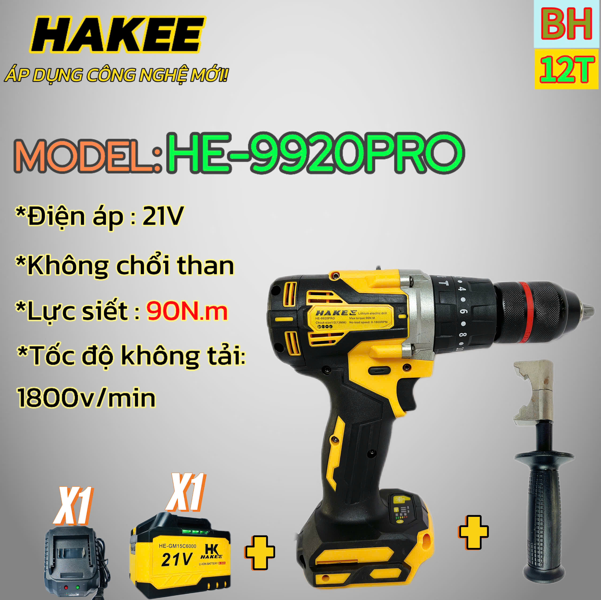 Máy khoan pin HAKEE HE-9920PRO, 3 chức năng,13mm, Lực siết 90Nm, Có khóa trục